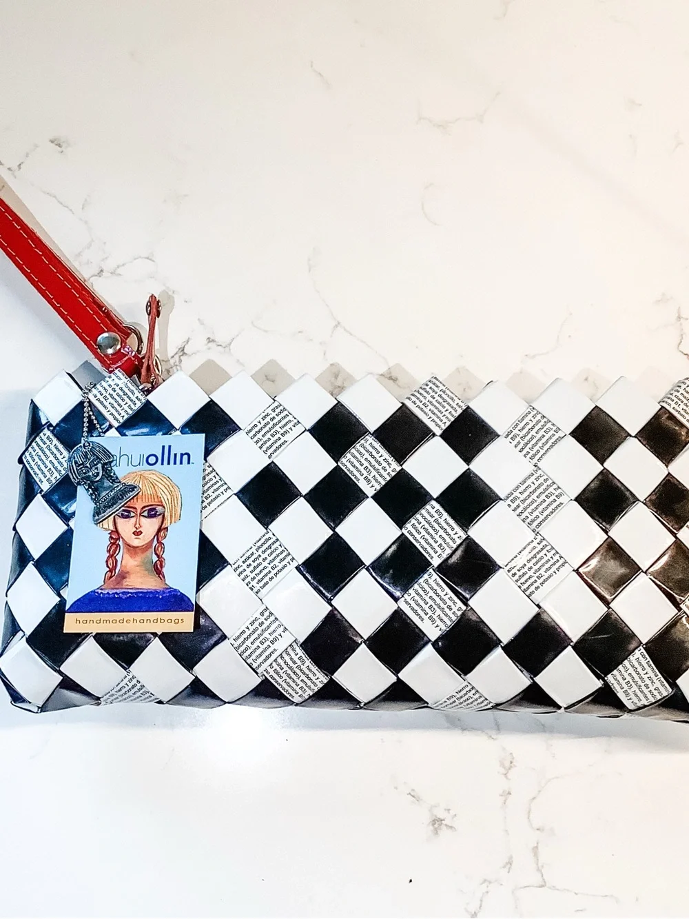 NWT Nahui Ollin Woven Black & White Clutch with Red Wrist Strap